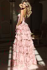Romantic strapless dress with lace-up back and tiered floral layers