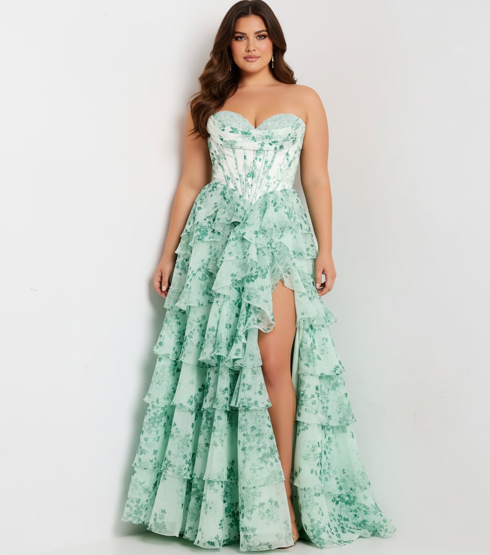 48772_front Strapless Green Floral Ball Gown