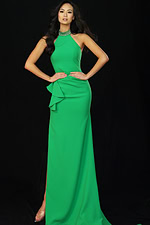 Elegant green fitted gown featuring high neckline and open back