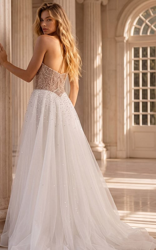 white pageant dress featuring a beaded sweetheart corset top and soft glitter tulle skirt with a sweeping train.