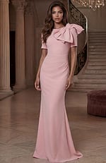 Short sleeve evening gown with statement bow shoulder detail