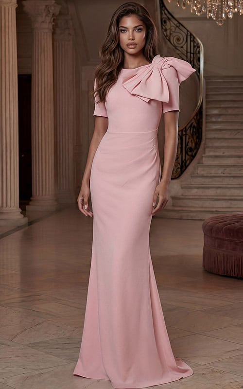 Short sleeve evening gown with statement bow shoulder detail