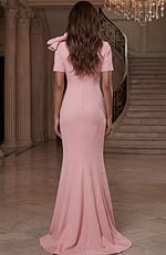 Back view of fitted floor length gown with clean silhouette