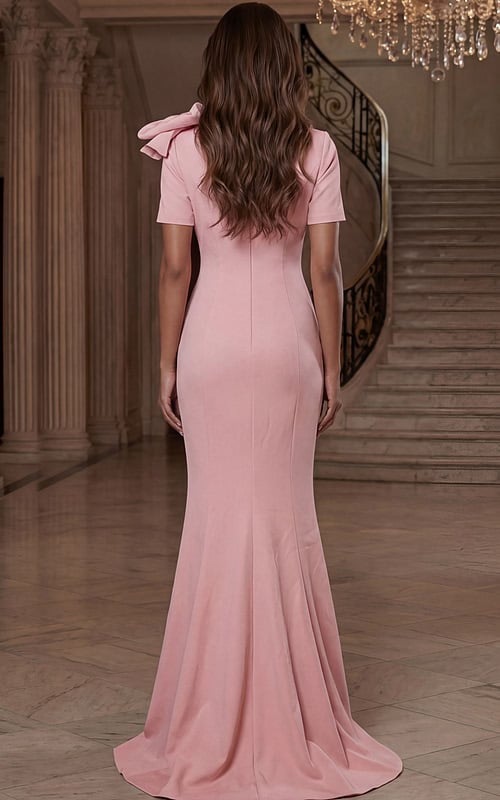 Back view of fitted floor length gown with clean silhouette