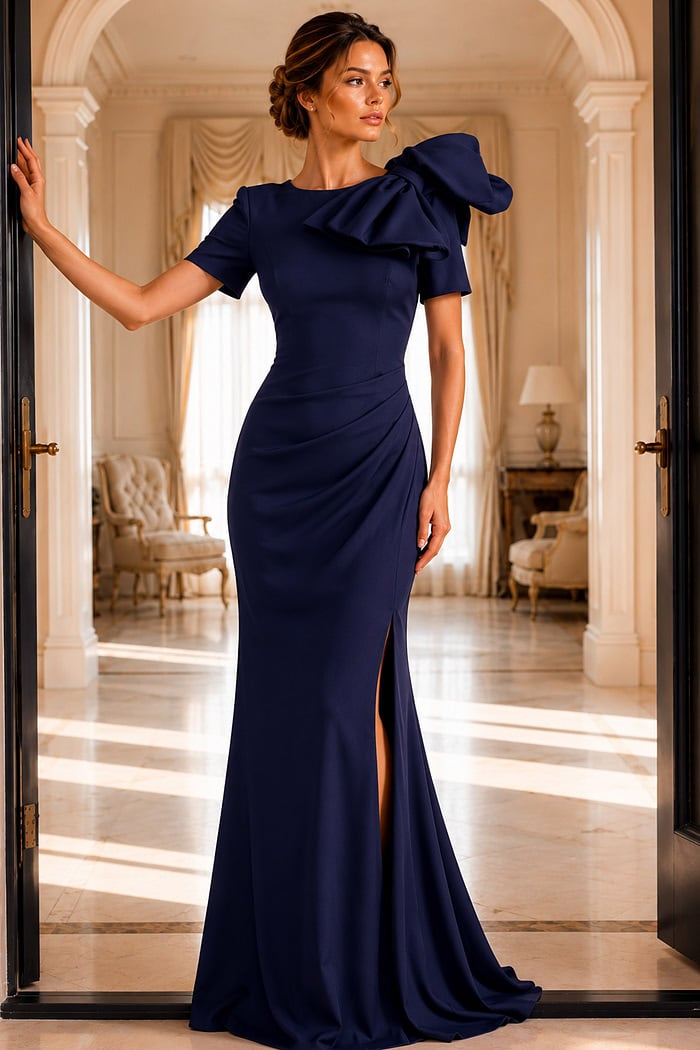 navy short sleeve dress with bow detail 48945