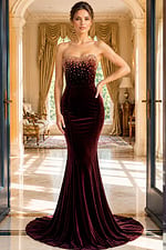 brown velvet strapless sweetheart mermaid gown with illusion beaded bodice