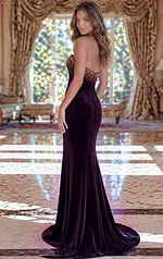 brown velvet strapless sweetheart mermaid gown with illusion beaded bodice