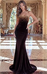 brown velvet strapless sweetheart mermaid gown with illusion beaded bodice