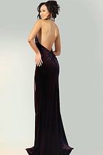 Luxe burgundy velvet prom dress with rhinestone collar, backless design, and thigh slit for formal events