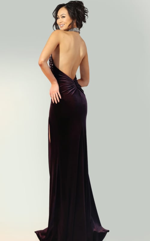 Luxe burgundy velvet prom dress with rhinestone collar, backless design, and thigh slit for formal events