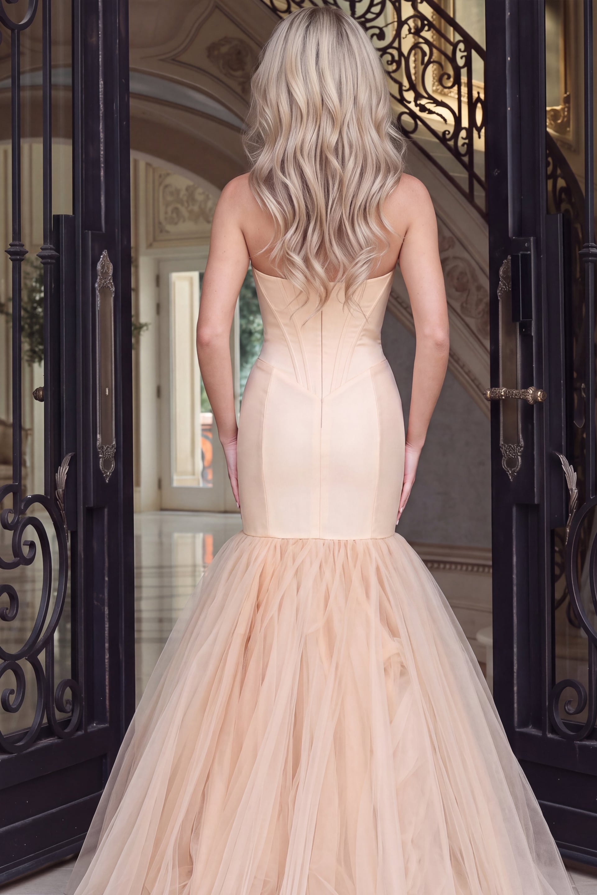 blush corset bodice with voluminous tulle skirt