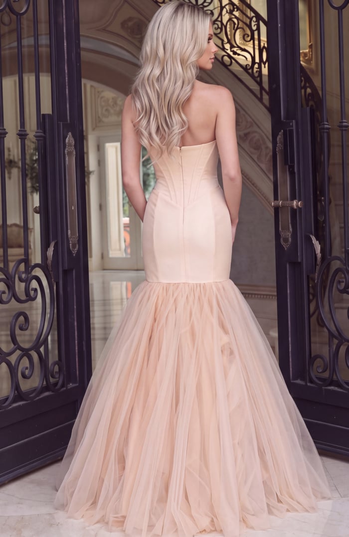 blush strapless tulle mermaid gown, full length