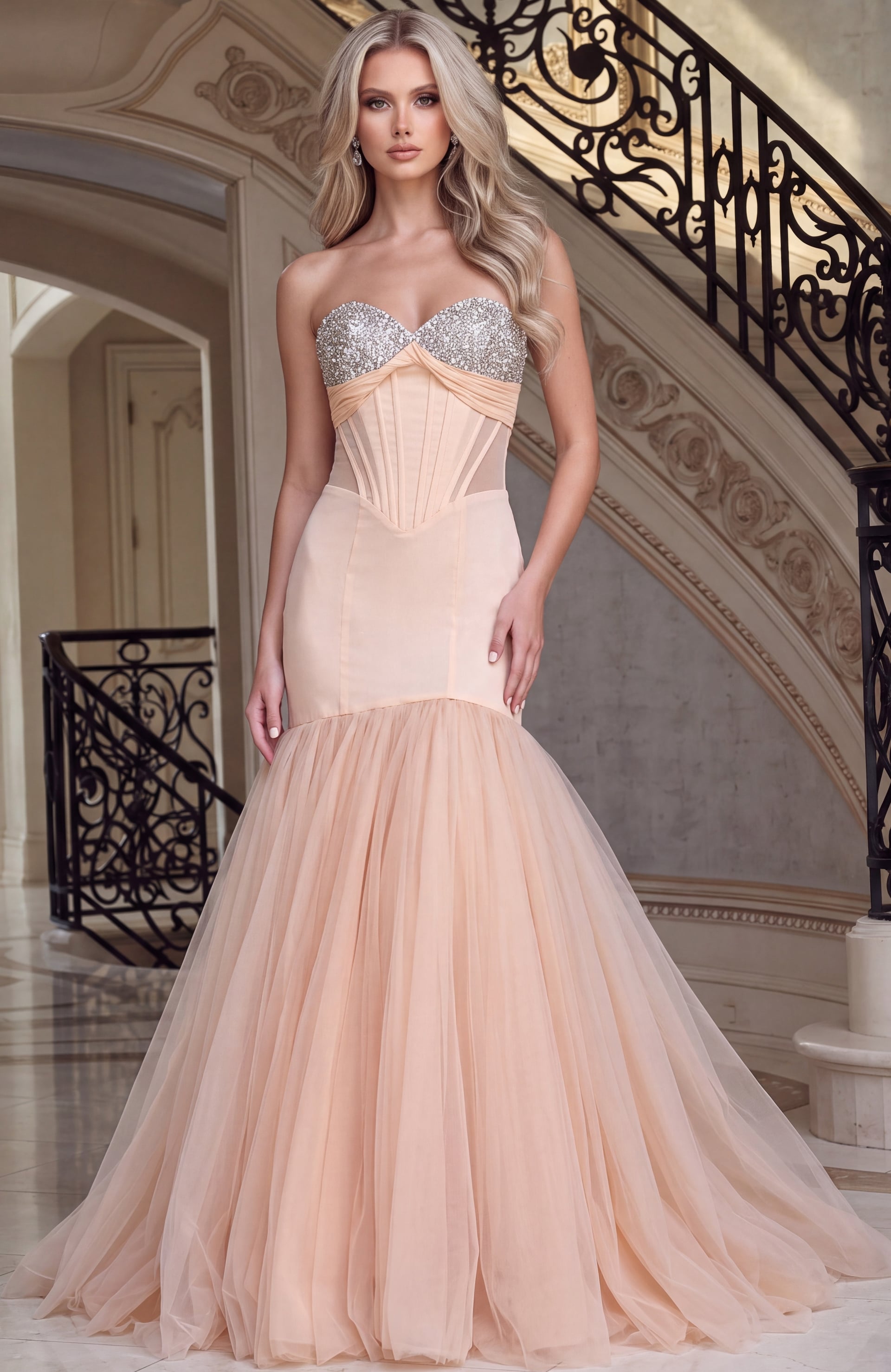 blush tulle mermaid gown with crystal beaded bodice