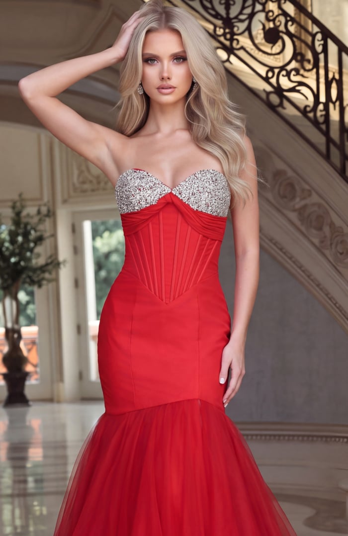 crystal beaded sweetheart neckline on red tulle gown