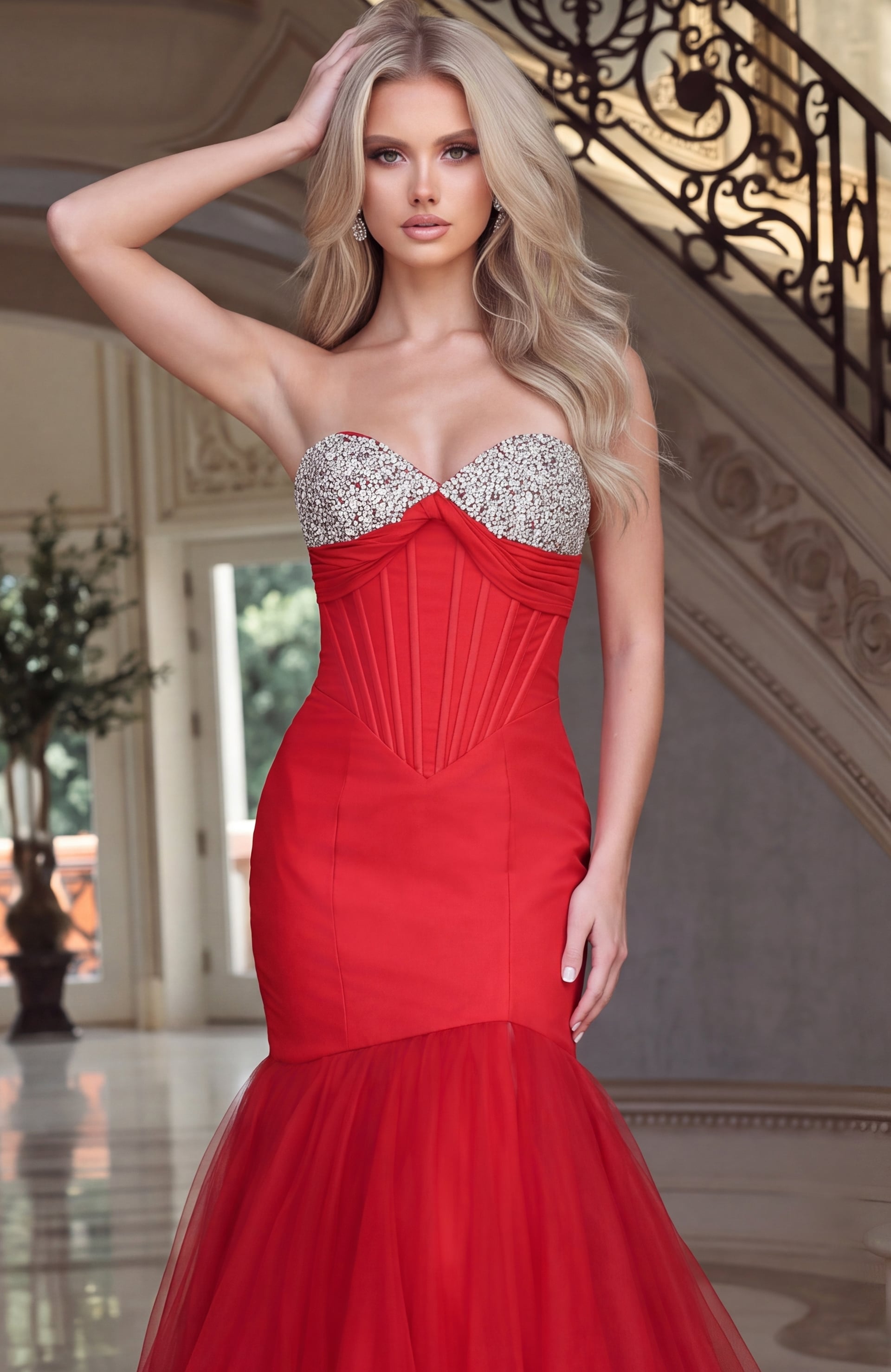crystal beaded sweetheart neckline on red tulle gown