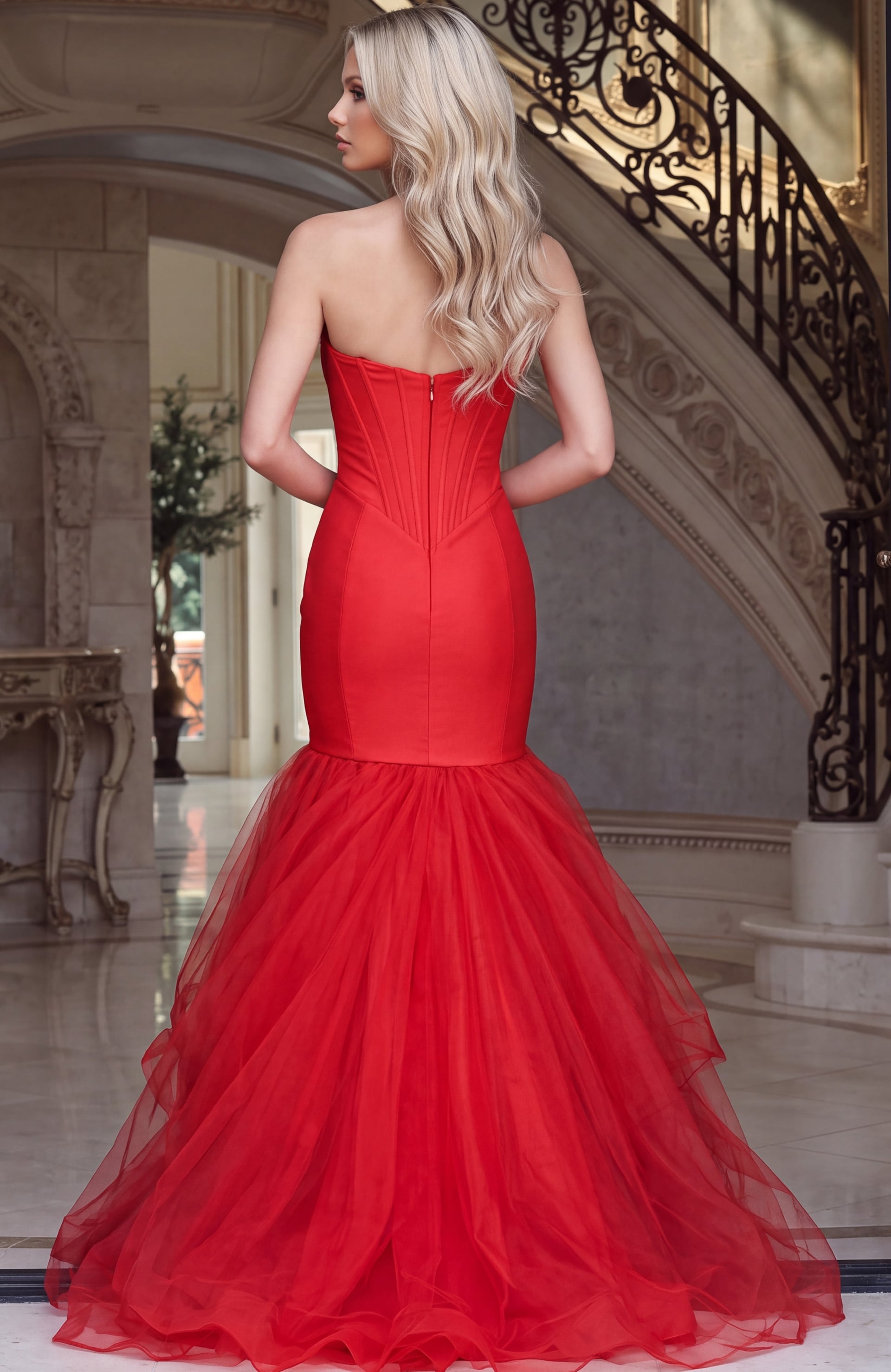 red gathered tulle mermaid skirt with dropped waist