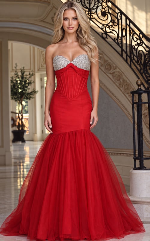 red tulle mermaid gown with crystal beaded corset bodice