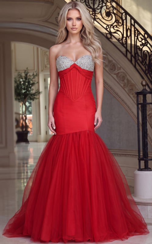 red tulle mermaid gown with crystal beaded corset bodice