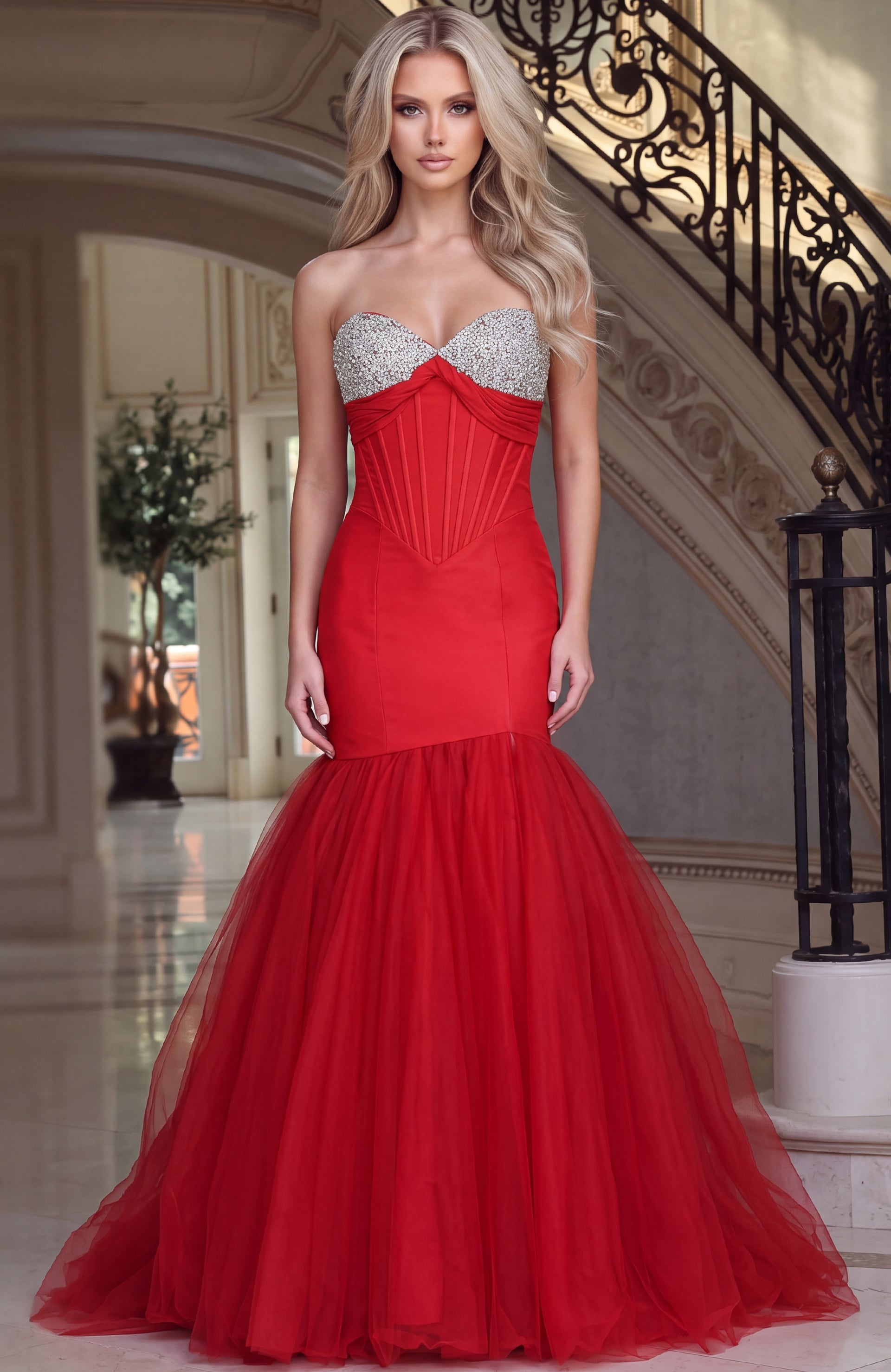 red tulle mermaid gown with crystal beaded corset bodice