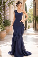 one shoulder navy ruffled dress 48982