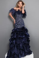 navy blue mermaid long dress with off shoulder ruffle beaded bodice tiered skirt
