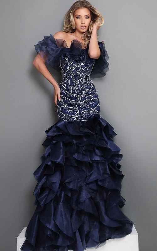 navy blue mermaid long dress with off shoulder ruffle beaded bodice tiered skirt