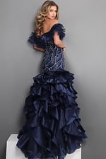 navy blue mermaid long dress with off shoulder ruffle beaded bodice tiered skirt