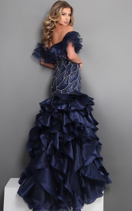 navy blue mermaid long dress with off shoulder ruffle beaded bodice tiered skirt