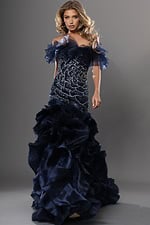navy blue mermaid long dress with off shoulder ruffle beaded bodice tiered skirt