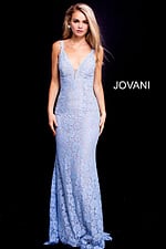 model wearing Jovani 48994 light blue lace dress with mermaid silhouette