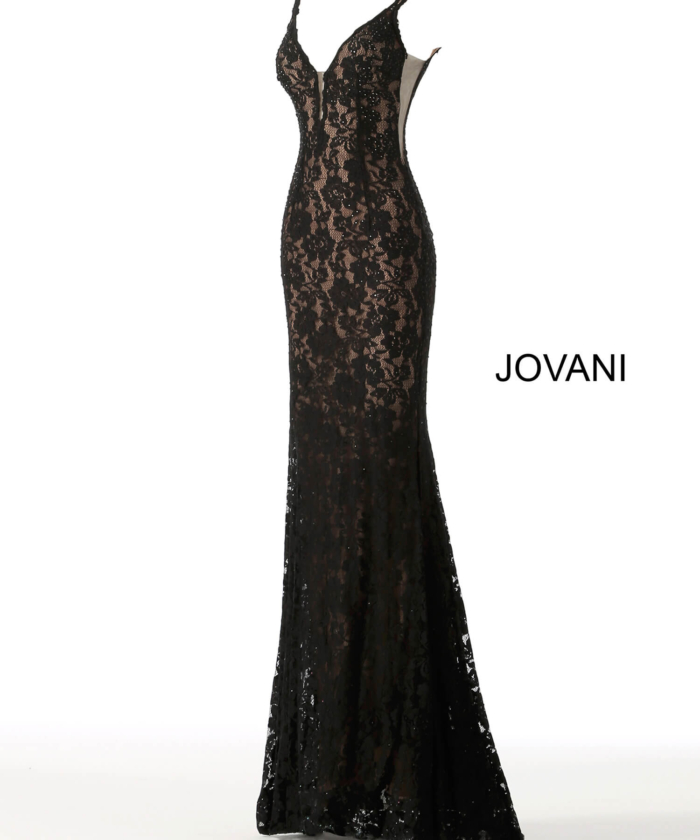 Model wearing Jovani 48994 Light Blue Lace Sheath Prom Dress