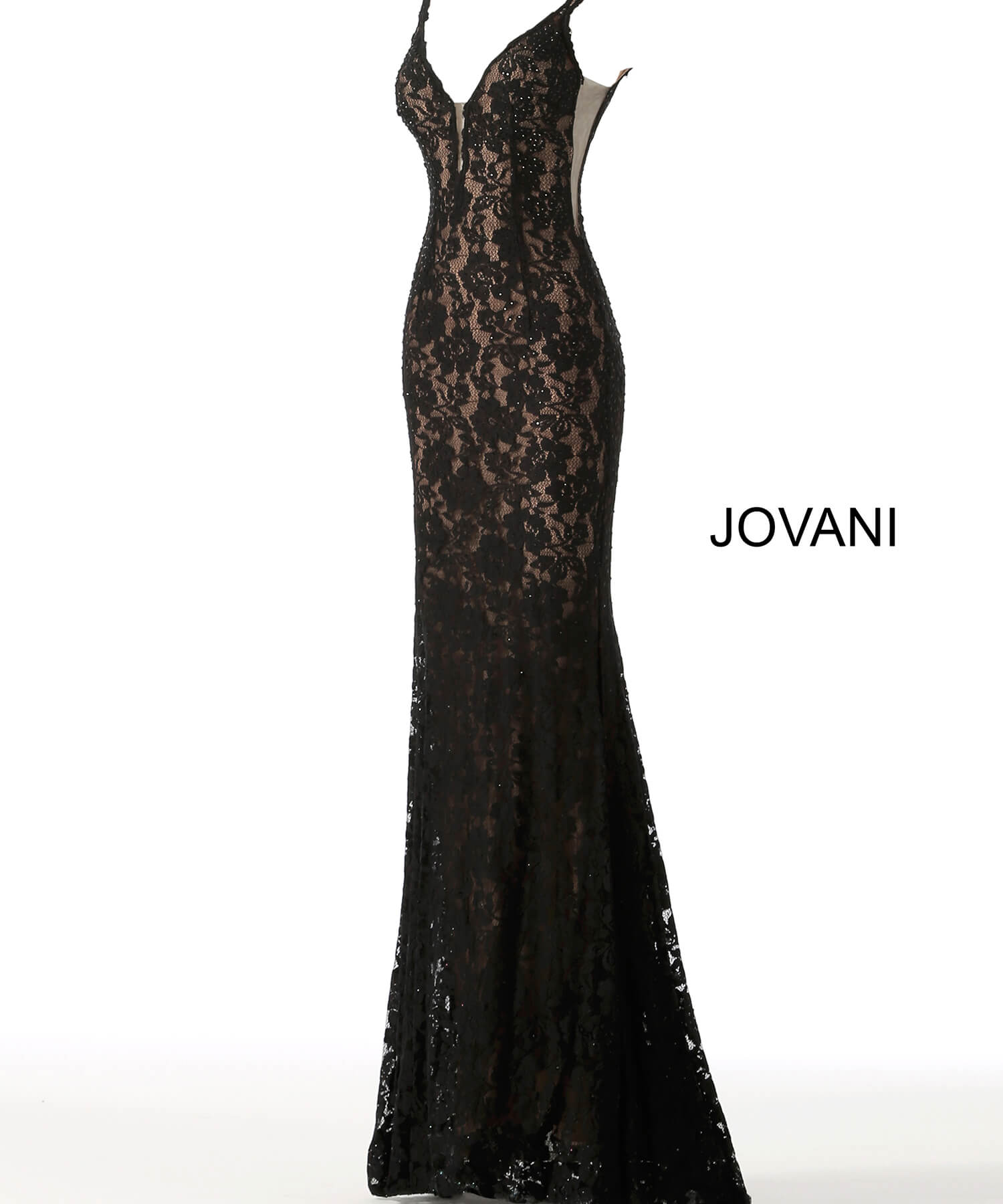 Model wearing Jovani 48994 Light Blue Lace Sheath Prom Dress