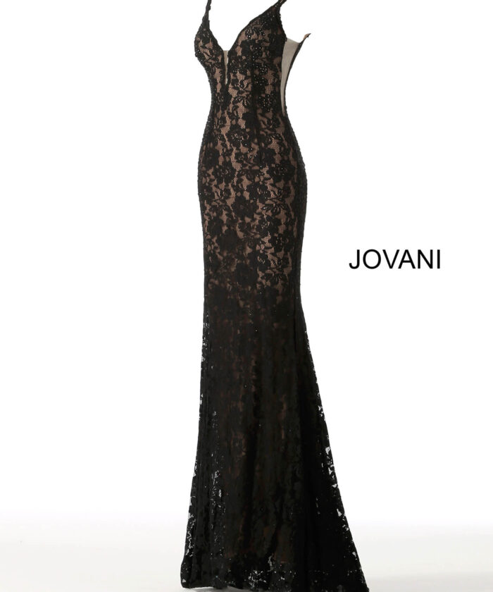 Back view of Jovani 48994 in black lace.