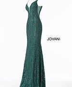 side view of Jovani 48994 emerald lace dress with mermaid silhouette