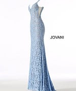 side view of Jovani 48994 light blue lace dress with mermaid silhouette