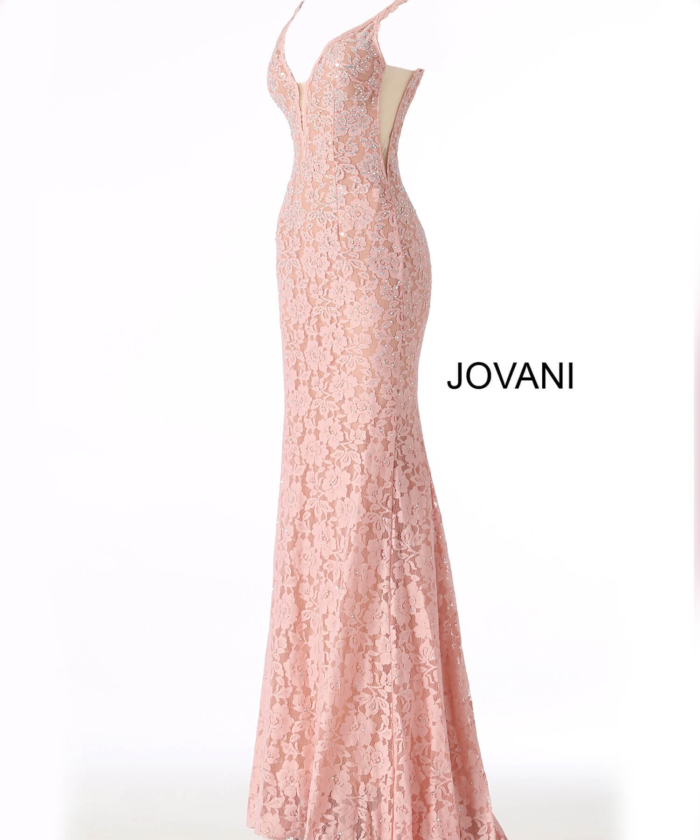 Model wearing Jovani 48994 Light Blue Lace Sheath Prom Dress