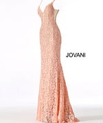 side view of Jovani 48994 peach lace dress with mermaid silhouette