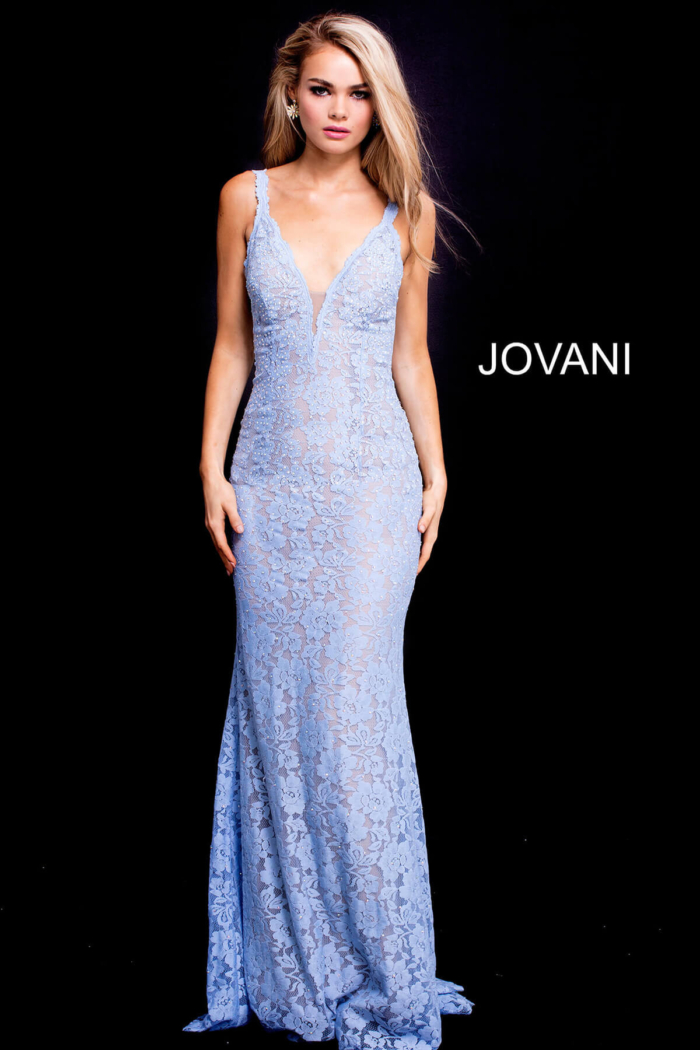 model wearing Jovani 48994 light blue lace dress with mermaid silhouette