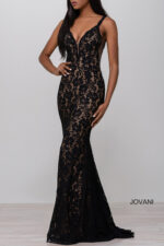 Front view of Jovani 48994 in black lace with V-neck.