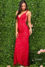 Model wearing Perri Lace Fitted Jovani Prom Dress 48994