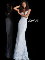 Jovani 48994 model front view in light blue lace.