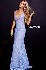 model wearing Jovani 48994 light blue lace dress with plunging neckline
