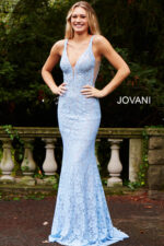 Front view of Jovani 48994 model in blue lace.