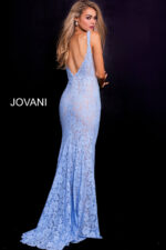 Back of model wearing Jovani 48994 in blue lace.