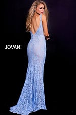 model wearing Jovani 48994 light blue lace dress with open V-back