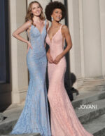 Two models wearing Jovani 48994 in blue and pink lace.