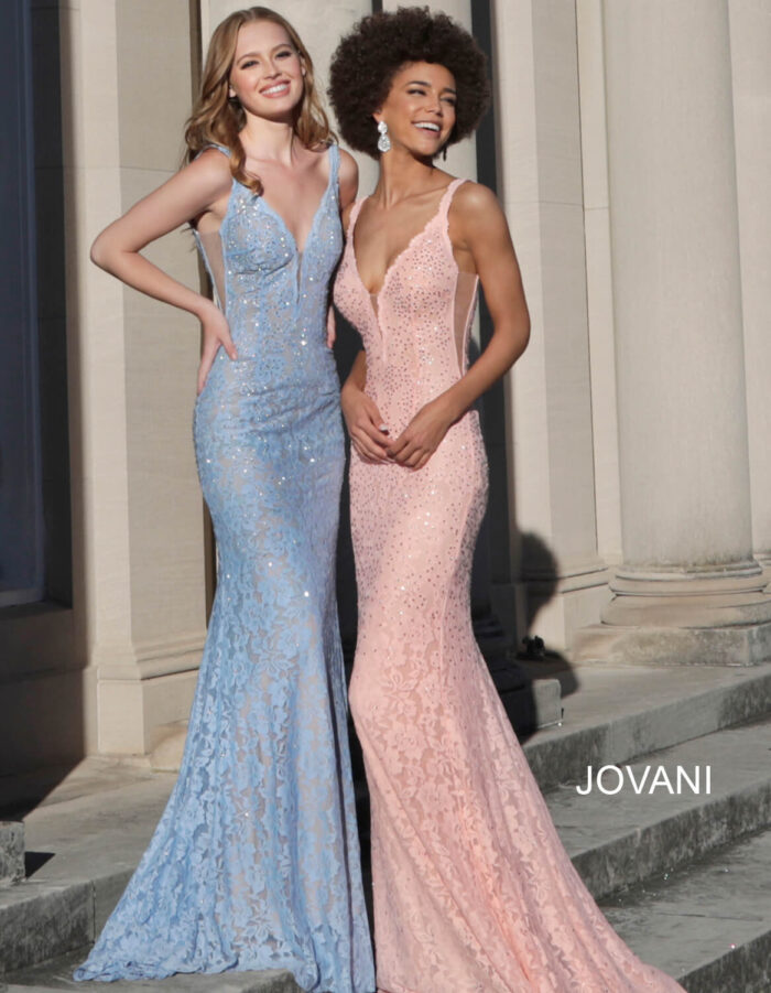 Two models wearing Jovani 48994 in blue and pink lace.