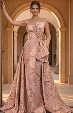 Formal Ball Gown With Metallic Floral Pattern And Structured Silhouette