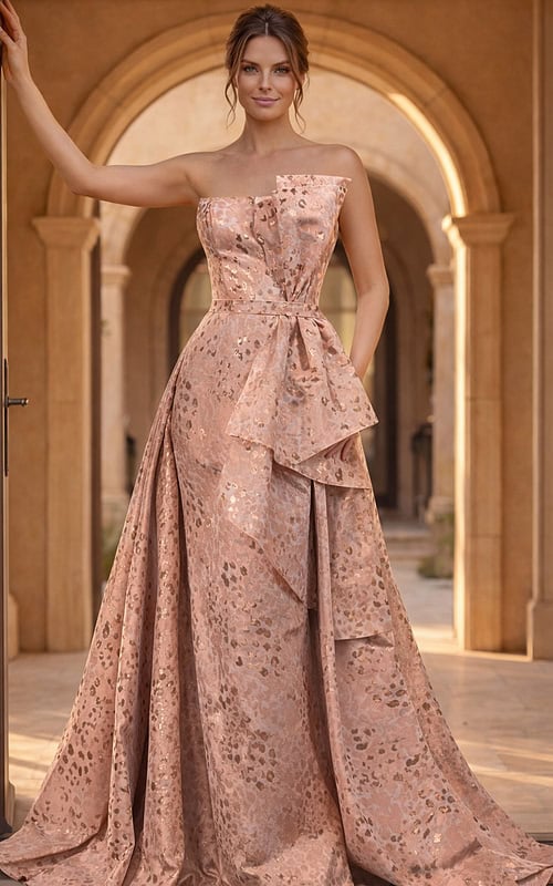 Formal Ball Gown With Metallic Floral Pattern And Structured Silhouette