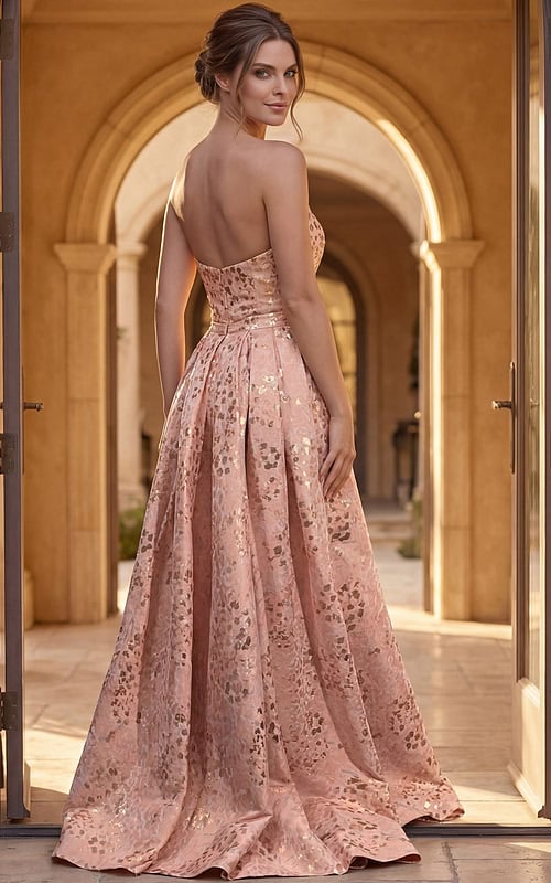 Strapless Jacquard Evening Gown With Draped Overskirt